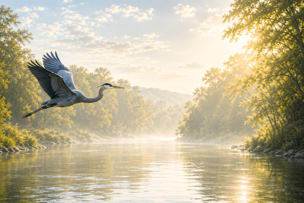 A great blue heron flying over a peaceful river at sunrise with mist and golden light reflecting on the water.